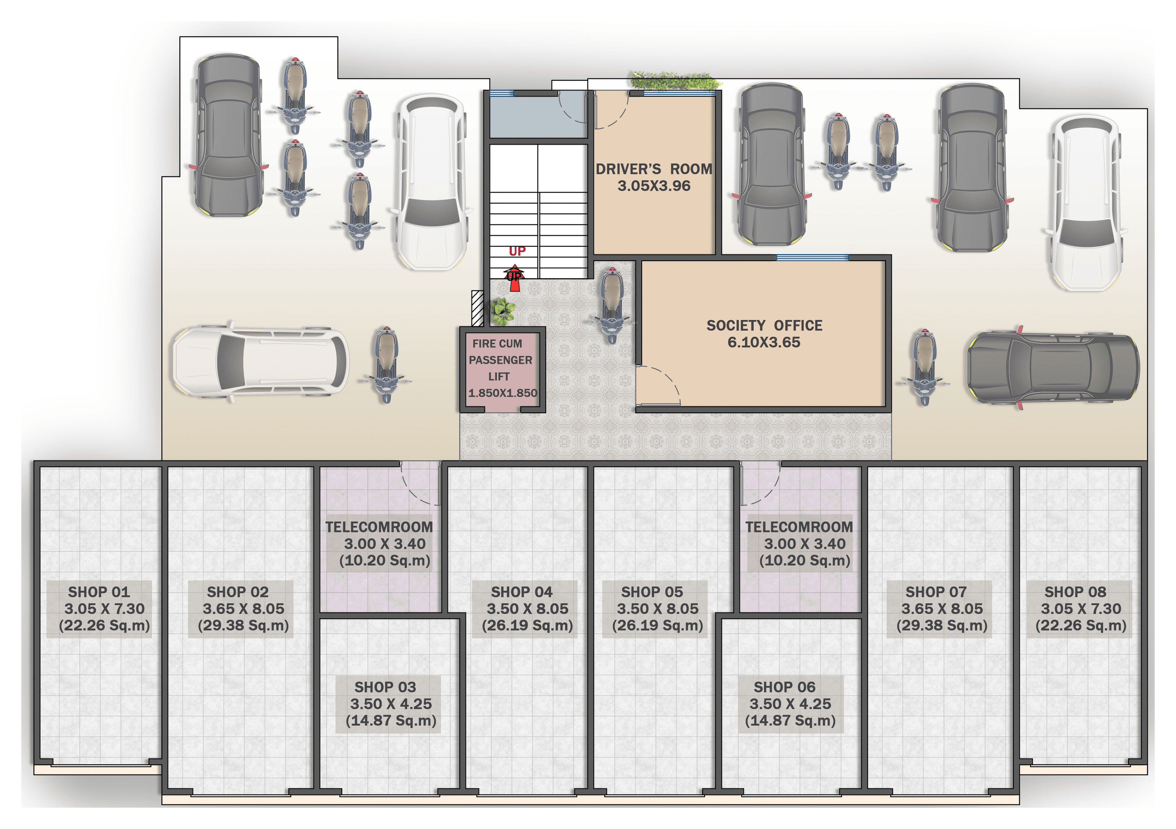 Sateri Towers ground-floor plan showing shops, parking, lift and society office